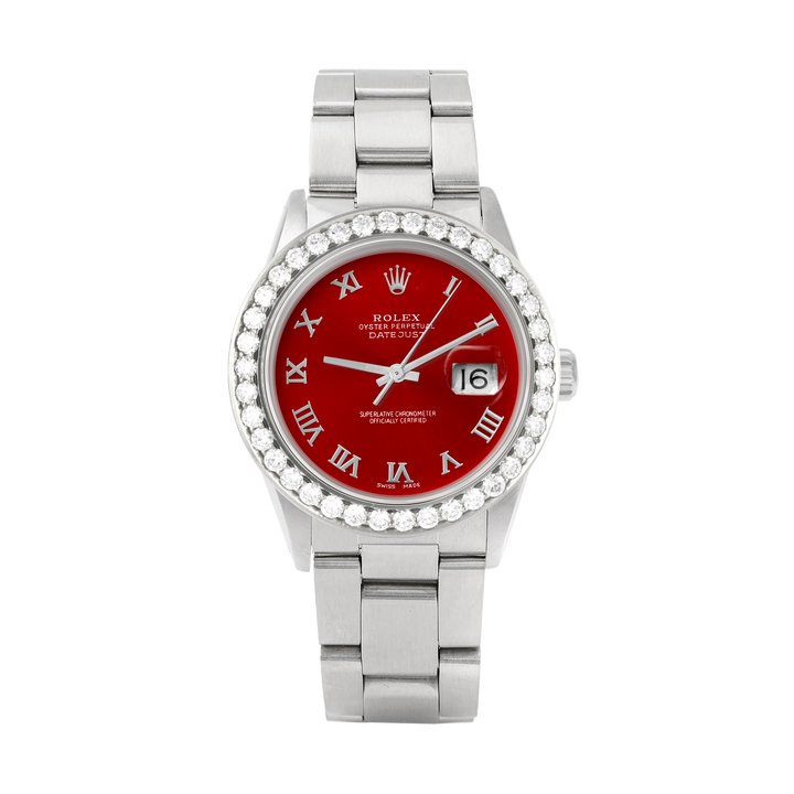 Rolex Datejust 36mm STAINLESS STEEL 16234 Red Dial | Roman Hour Markers | 2.5 ct Diamond Bezel
