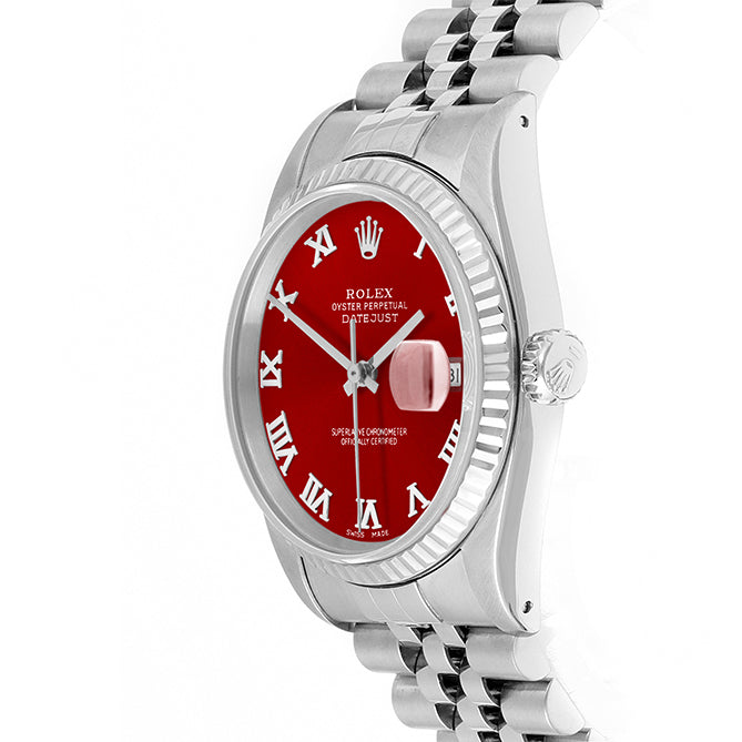 Rolex Datejust 36mm STAINLESS STEEL 16234 Red Dial | Roman Hour Markers | Fluted  Bezel