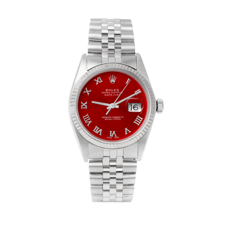 Rolex Datejust 36mm STAINLESS STEEL 16234 Red Dial | Roman Hour Markers | Fluted  Bezel