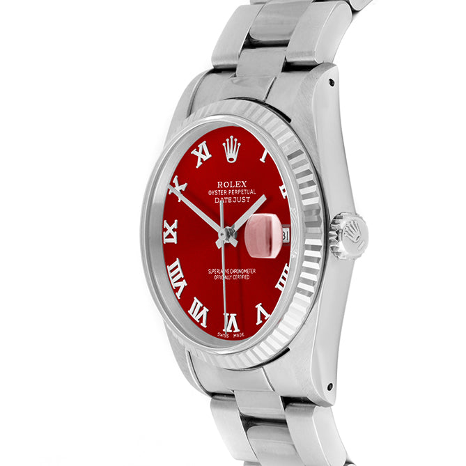 Rolex Datejust 36mm STAINLESS STEEL 16234 Red Dial | Roman Hour Markers | Fluted  Bezel