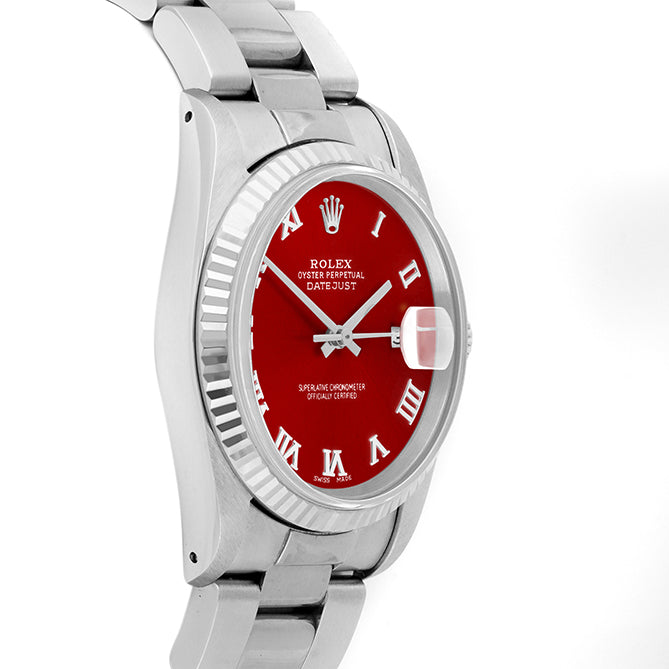 Rolex Datejust 36mm STAINLESS STEEL 16234 Red Dial | Roman Hour Markers | Fluted  Bezel