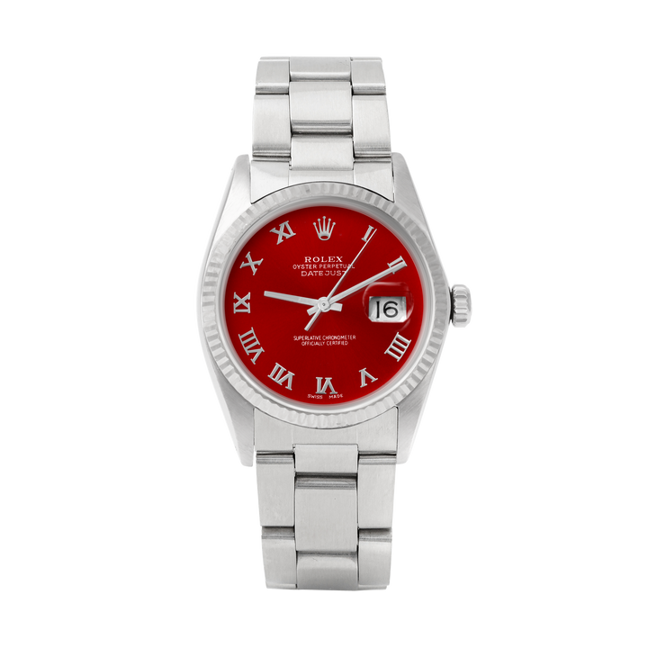 Rolex Datejust 36mm STAINLESS STEEL 16234 Red Dial | Roman Hour Markers | Fluted  Bezel