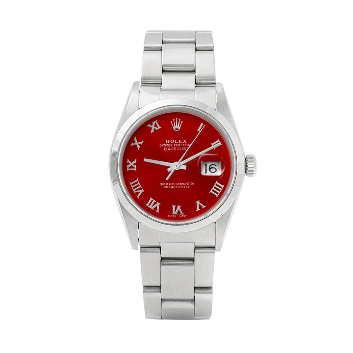 Rolex Datejust 36mm STAINLESS STEEL 16200 Red Dial | Roman Hour Markers | Smooth Bezel