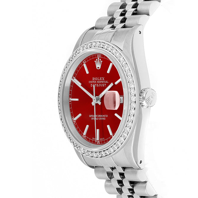 Rolex Datejust 36mm STAINLESS STEEL 16234 Red  Dial | Sticks Hour Markers, 1 ct Diamond Bezel