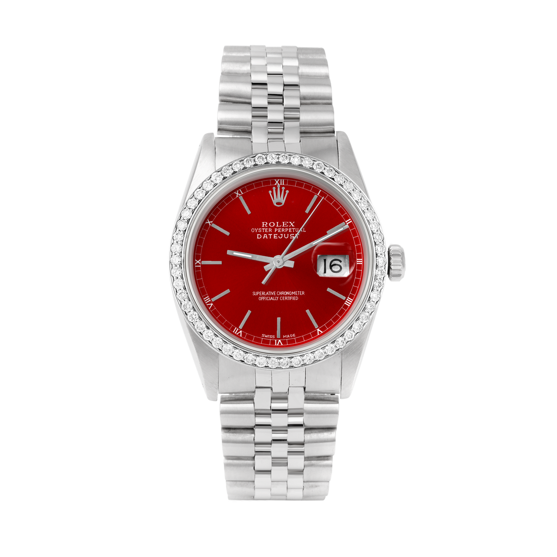 Rolex Datejust 36mm STAINLESS STEEL 16234 Red  Dial | Sticks Hour Markers, 1 ct Diamond Bezel