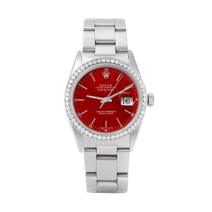 Rolex Datejust 36mm STAINLESS STEEL 16234 Red  Dial | Sticks Hour Markers, 1 ct Diamond Bezel