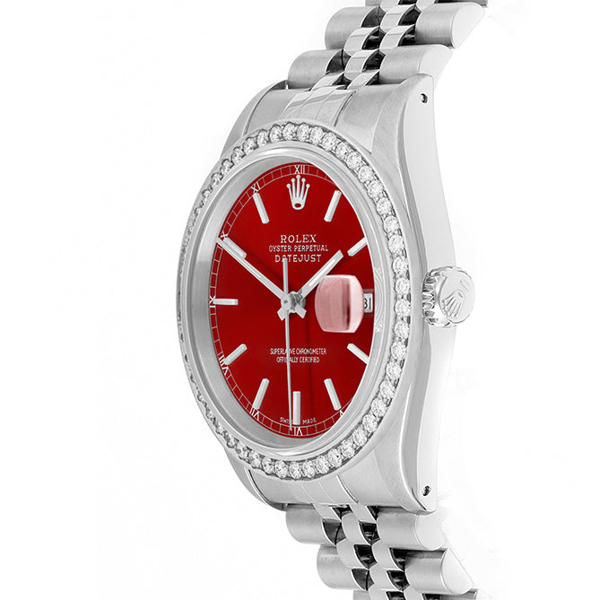 Rolex Datejust 36mm STAINLESS STEEL 16234 Red Dial | Stick Hour Markers | 1.8ct Diamond Bezel