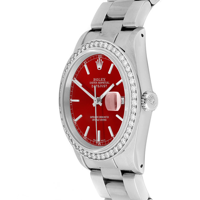 Rolex Datejust 36mm STAINLESS STEEL 16234 Red Dial | Stick Hour Markers, 1.8ct Diamond Bezel