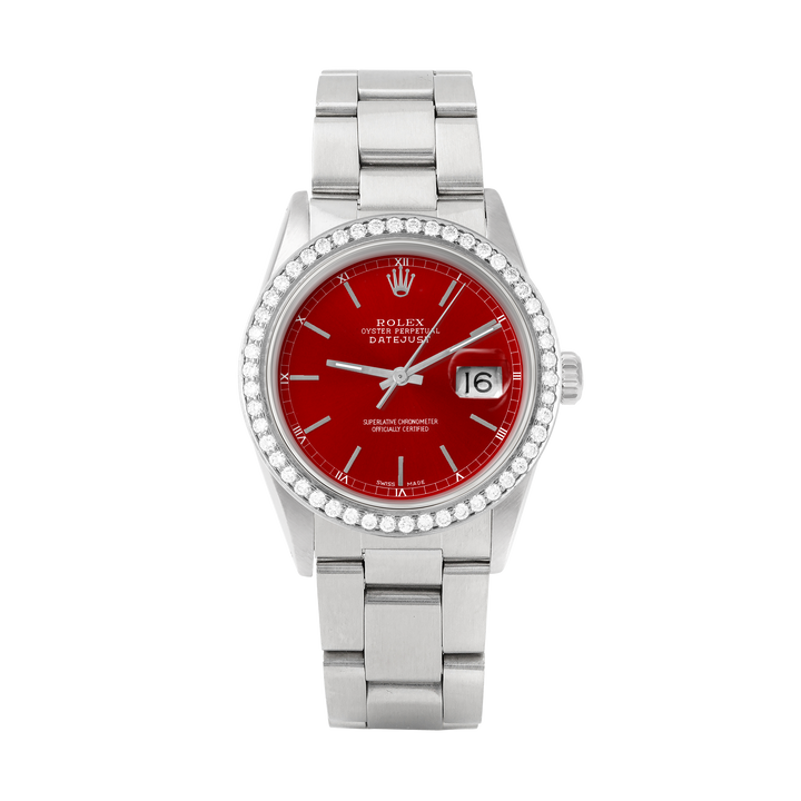 Rolex Datejust 36mm STAINLESS STEEL 16234 Red Dial | Stick Hour Markers, 1.8ct Diamond Bezel
