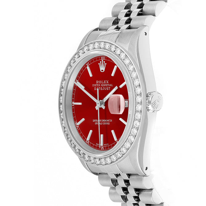 Rolex Datejust 36mm STAINLESS STEEL 16234 Red Dial | Sticks Hour Markers, 2 ct Diamond Bezel