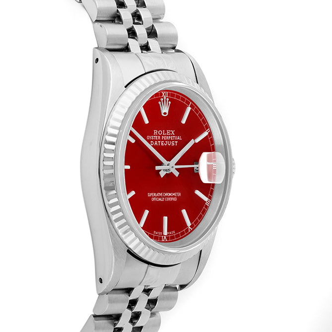 Rolex Datejust 36mm STAINLESS STEEL 16234 Red Dial | Sticks Hour Markers, 2 ct Diamond Bezel