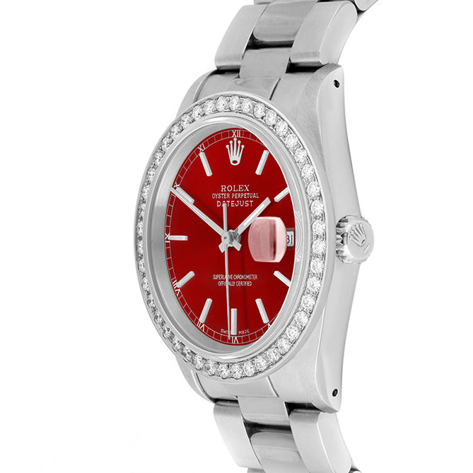 Rolex Datejust 36mm STAINLESS STEEL 16234 Red Dial | Sticks Hour Markers, 2 ct Diamond Bezel