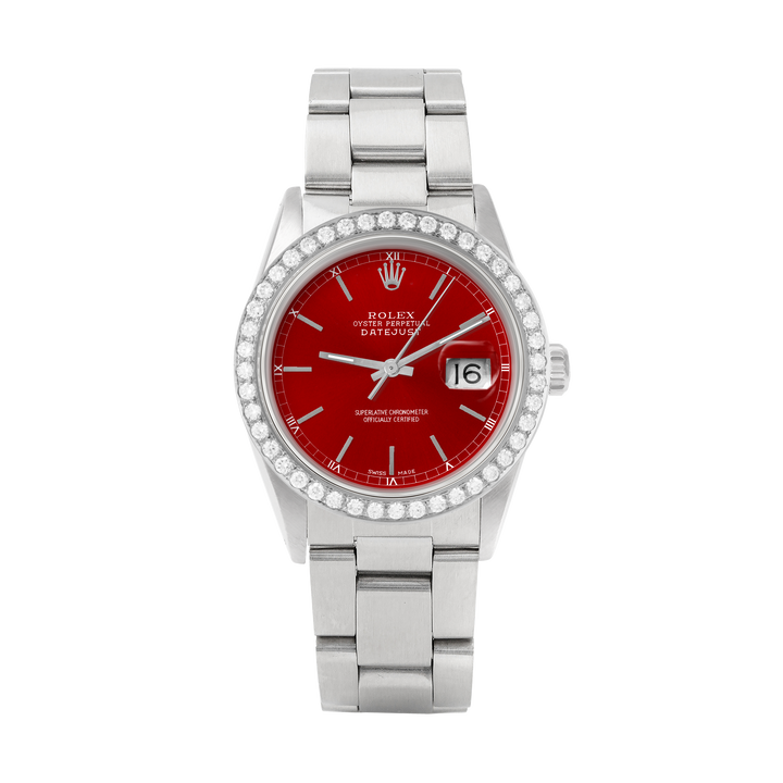 Rolex Datejust 36mm STAINLESS STEEL 16234 Red Dial | Sticks Hour Markers, 2 ct Diamond Bezel