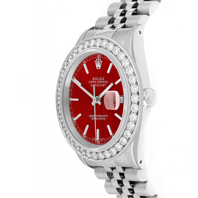 Rolex Datejust 36mm STAINLESS STEEL 16234 Red Dial | Stick Hour Markers, 2.5 ct Diamond Bezel