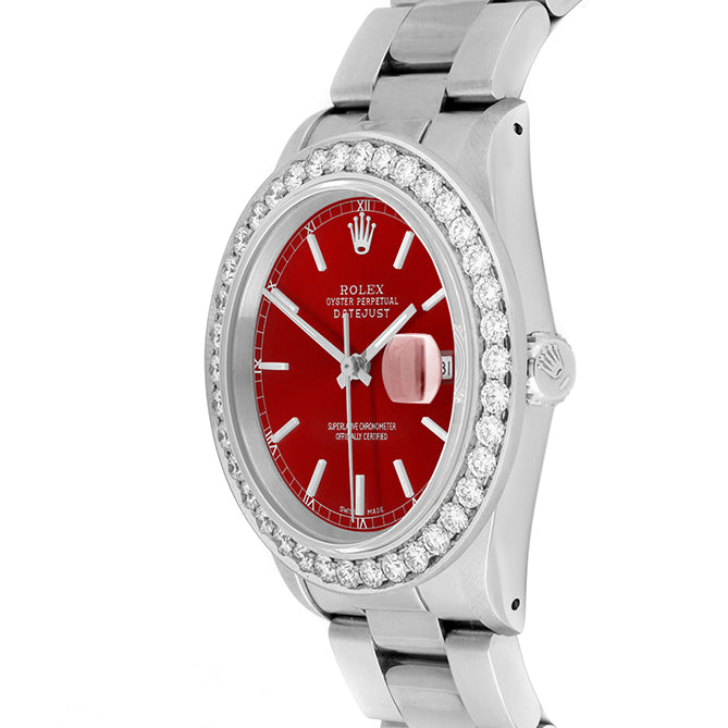 Rolex Datejust 36mm STAINLESS STEEL 16234 Red Dial | Stick Hour Markers, 2.5 ct Diamond Bezel