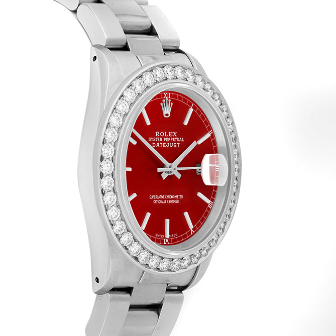 Rolex Datejust 36mm STAINLESS STEEL 16234 Red Dial | Stick Hour Markers, 2.5 ct Diamond Bezel