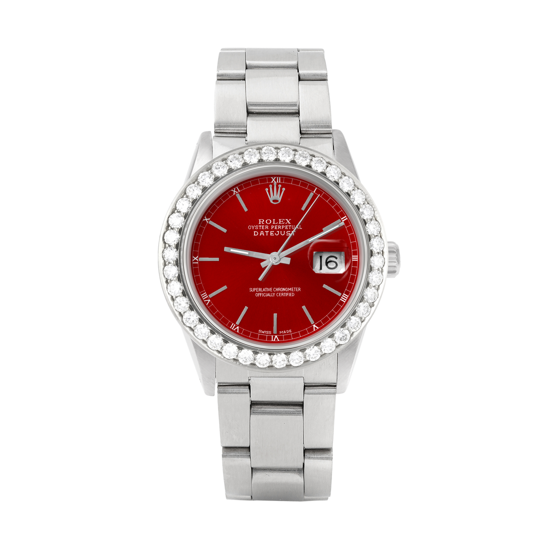 Rolex Datejust 36mm STAINLESS STEEL 16234 Red Dial | Stick Hour Markers, 2.5 ct Diamond Bezel