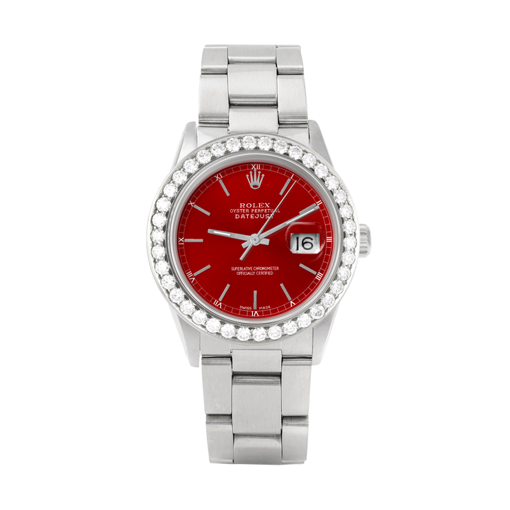 Rolex Datejust 36mm STAINLESS STEEL 16234 Red Dial | Stick Hour Markers, 2.5 ct Diamond Bezel