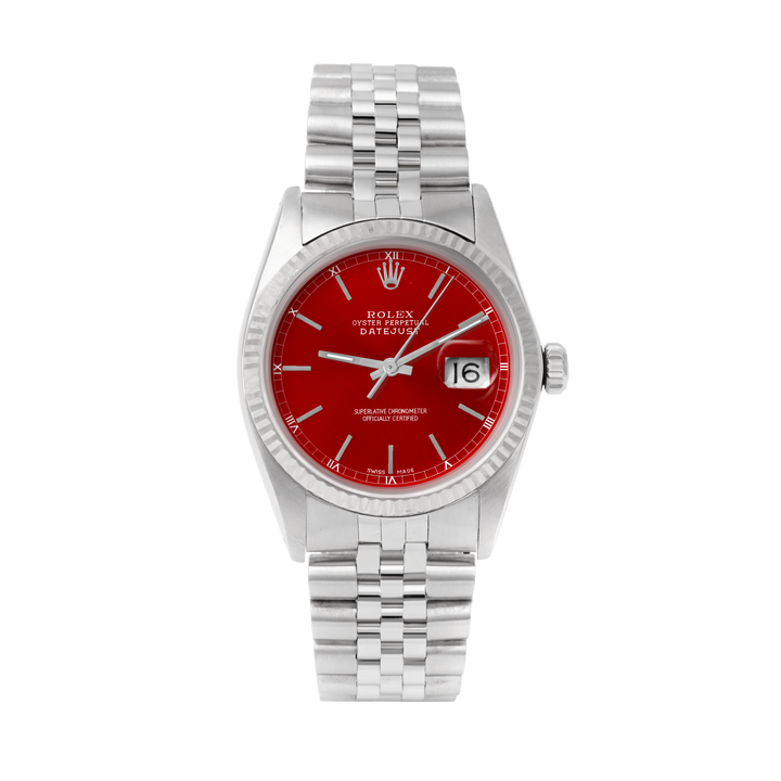 Rolex Datejust 36mm STAINLESS STEEL 16234 Red Dial | Stick Hour Markers | Fluted  Bezel