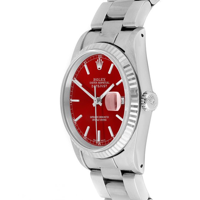 Rolex Datejust 36mm STAINLESS STEEL 16234 Red  Dial | Stick Hour Markers | Fluted  Bezel