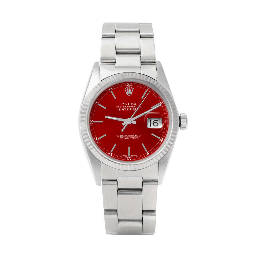Rolex Datejust 36mm STAINLESS STEEL 16234 Red  Dial | Stick Hour Markers | Fluted  Bezel