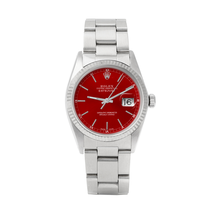 Rolex Datejust 36mm STAINLESS STEEL 16234 Red  Dial | Stick Hour Markers | Fluted  Bezel