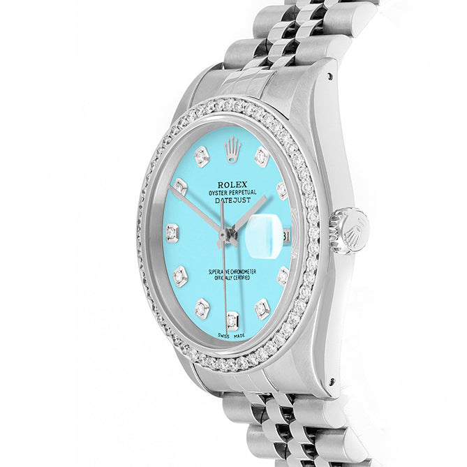 Rolex Datejust 36mm STAINLESS STEEL 16234 Tiffany blue Dial | Diamond Hour Markers, 1ct Diamond Bezel