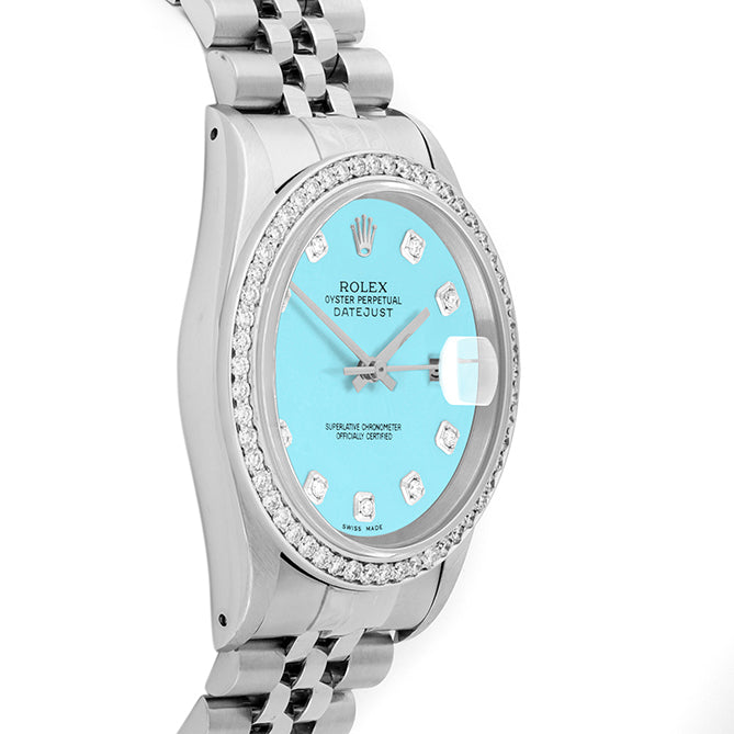 Rolex Datejust 36mm STAINLESS STEEL 16234 Tiffany blue Dial | Diamond Hour Markers, 1ct Diamond Bezel