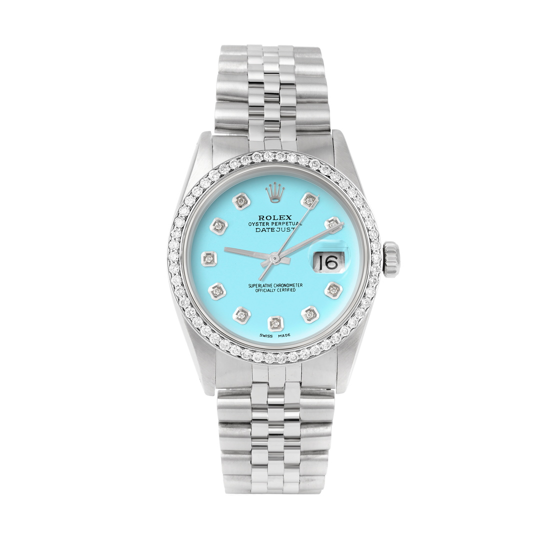 Rolex Datejust 36mm STAINLESS STEEL 16234 Tiffany blue Dial | Diamond Hour Markers, 1ct Diamond Bezel