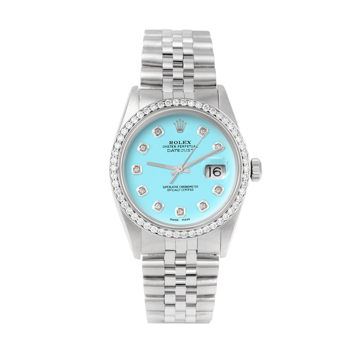 Rolex Datejust 36mm STAINLESS STEEL 16234 Tiffany blue Dial | Diamond Hour Markers, 1ct Diamond Bezel
