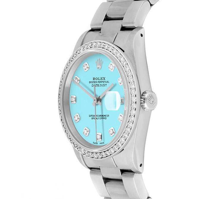 Rolex Datejust 36mm STAINLESS STEEL 16234 Tiffany blue Dial | Diamond Hour Markers, 1ct Diamond Bezel