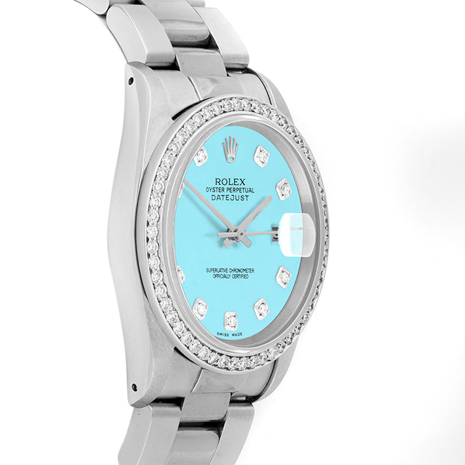 Rolex Datejust 36mm STAINLESS STEEL 16234 Tiffany blue Dial | Diamond Hour Markers, 1ct Diamond Bezel