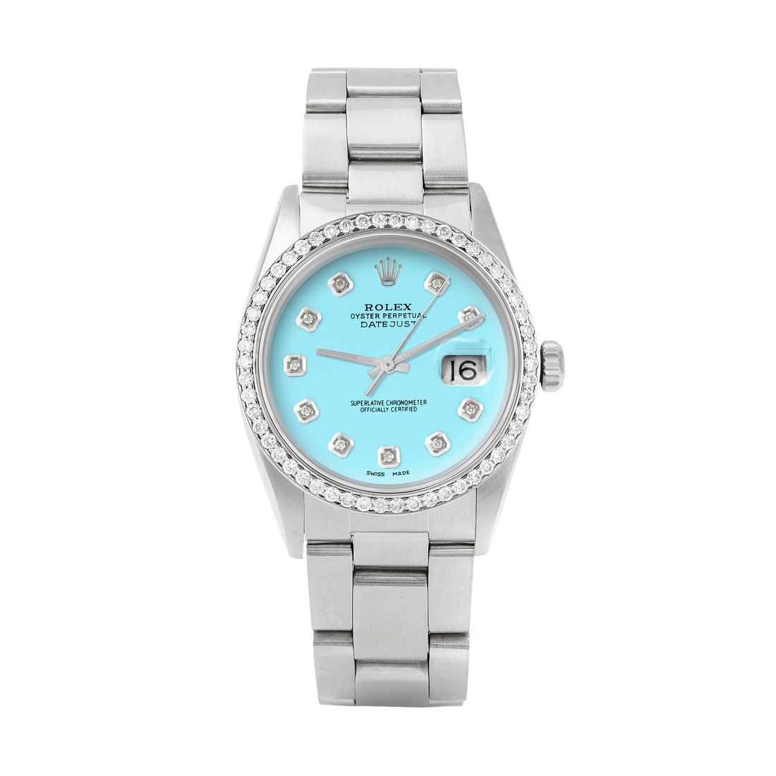 Rolex Datejust 36mm STAINLESS STEEL 16234 Tiffany blue Dial | Diamond Hour Markers, 1ct Diamond Bezel