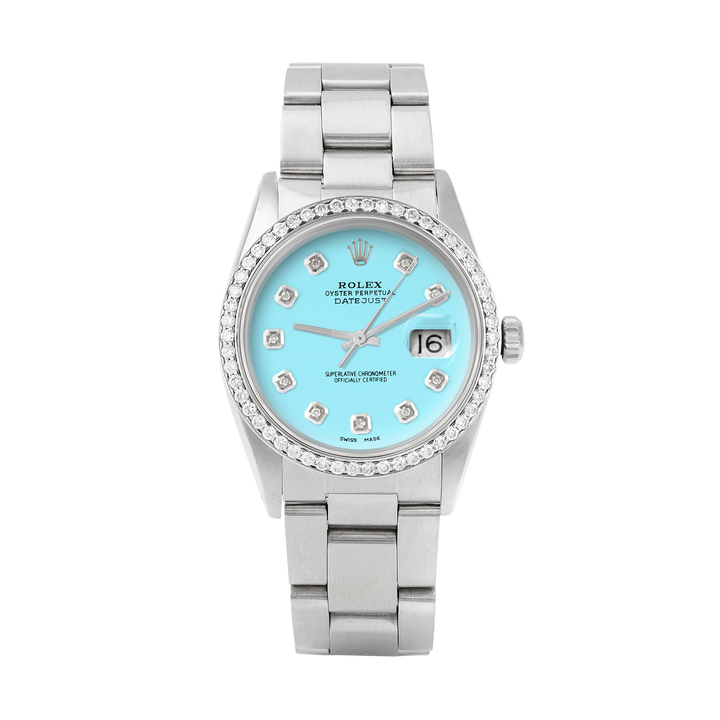 Rolex Datejust 36mm STAINLESS STEEL 16234 Tiffany blue Dial | Diamond Hour Markers, 1ct Diamond Bezel
