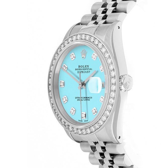 Rolex Datejust 36mm STAINLESS STEEL 16234 Tiffany Blue Dial | Diamond Hour Markers, 2 ct Diamond Bezel