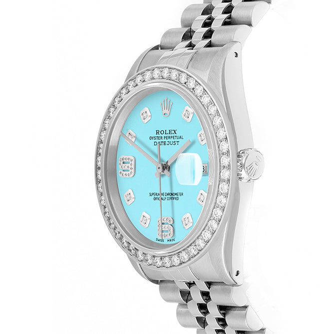 Rolex Datejust 36mm STAINLESS STEEL 16234 Tiffany Blue  Dial | 6&9 Diamond Hour Markers | 2 ct Diamond Bezel