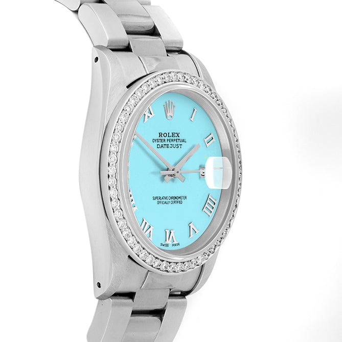 Rolex Datejust 36mm STAINLESS STEEL 16234 Tiffany Blue Dial | Roman Hour Markers | 1 ct Diamond Bezel