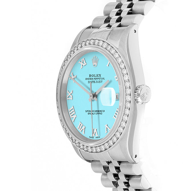 Rolex Datejust 36mm STAINLESS STEEL 16234 Tiffany Blue Dial | Roman Hour Markers, 1.8 ct Diamond Bezel