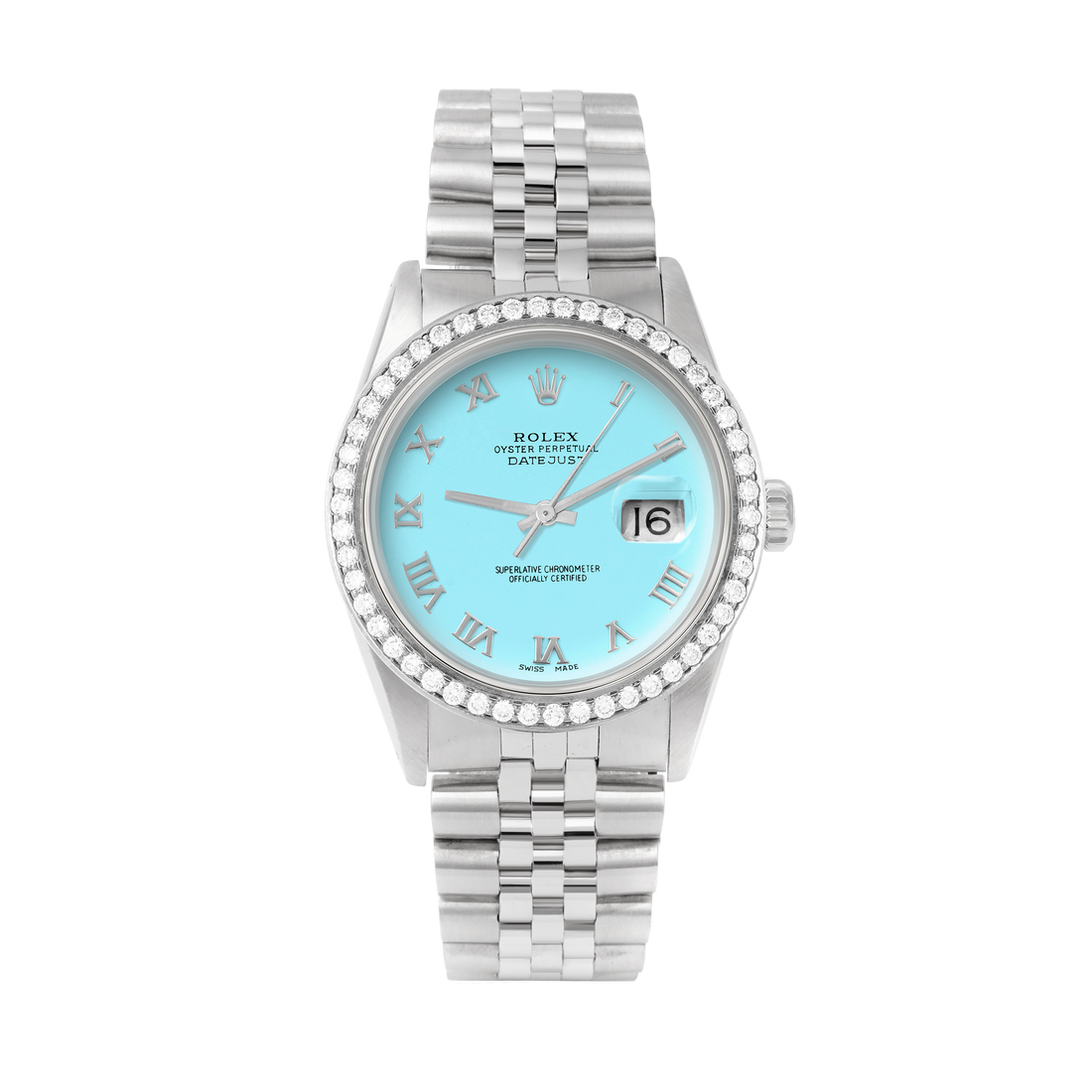 Rolex Datejust 36mm STAINLESS STEEL 16234 Tiffany Blue Dial | Roman Hour Markers, 1.8 ct Diamond Bezel