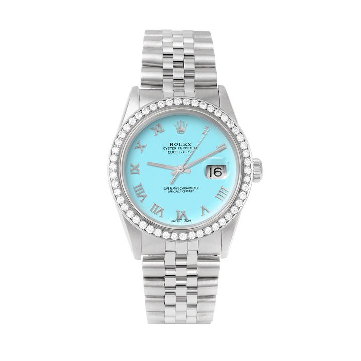 Rolex Datejust 36mm STAINLESS STEEL 16234 Tiffany Blue Dial | Roman Hour Markers, 1.8 ct Diamond Bezel
