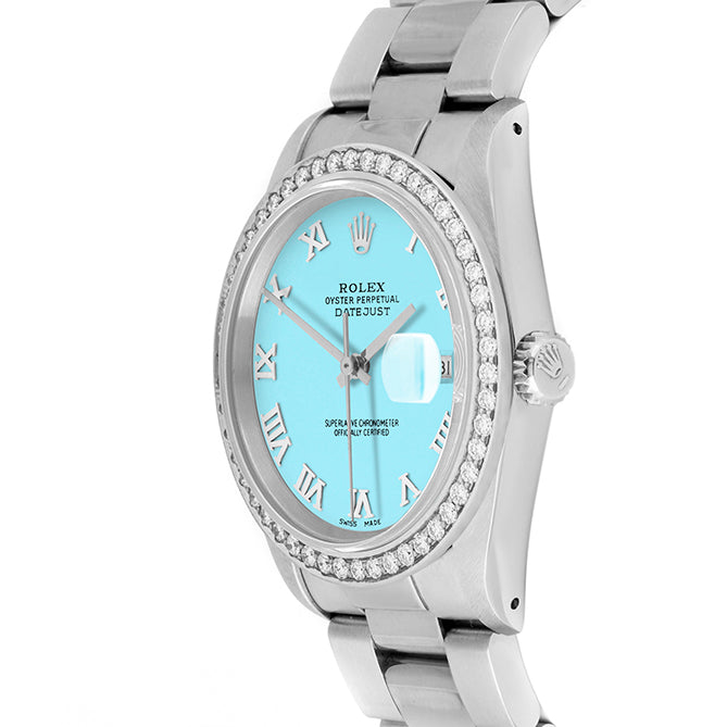Rolex Datejust 36mm STAINLESS STEEL 16234 Tiffany Blue Dial | Roman Hour Markers, 1.8 ct Diamond Bezel