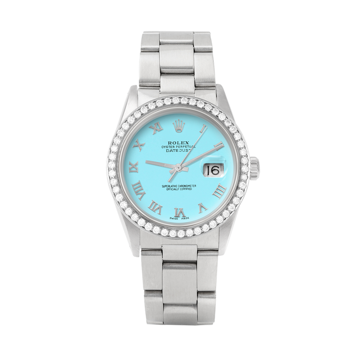 Rolex Datejust 36mm STAINLESS STEEL 16234 Tiffany Blue Dial | Roman Hour Markers, 1.8 ct Diamond Bezel