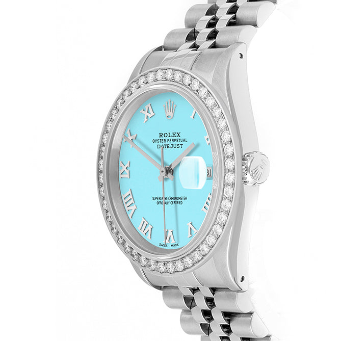 Rolex Datejust 36mm STAINLESS STEEL 16234 Tiffany Blue Dial | Roman Hour Markers, 2 ct Diamond Bezel
