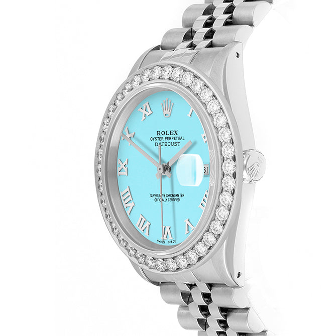 Rolex Datejust 36mm STAINLESS STEEL 16234 Tiffany Blue  Dial | Roman Hour Markers | 2.5 ct Diamond Bezel