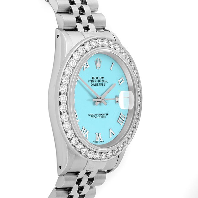 Rolex Datejust 36mm STAINLESS STEEL 16234 Tiffany Blue  Dial | Roman Hour Markers | 2.5 ct Diamond Bezel