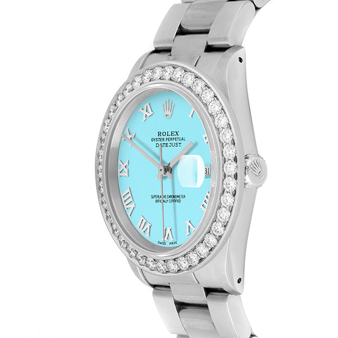 Rolex Datejust 36mm STAINLESS STEEL 16234 Tiffany Blue  Dial | Roman Hour Markers | 2.5 ct Diamond Bezel