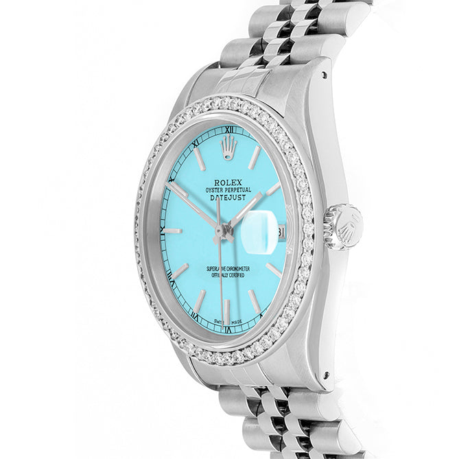 Rolex Datejust 36mm STAINLESS STEEL 16234 Tiffany Blue Dial | Sticks Hour Markers, 1 ct Diamond Bezel