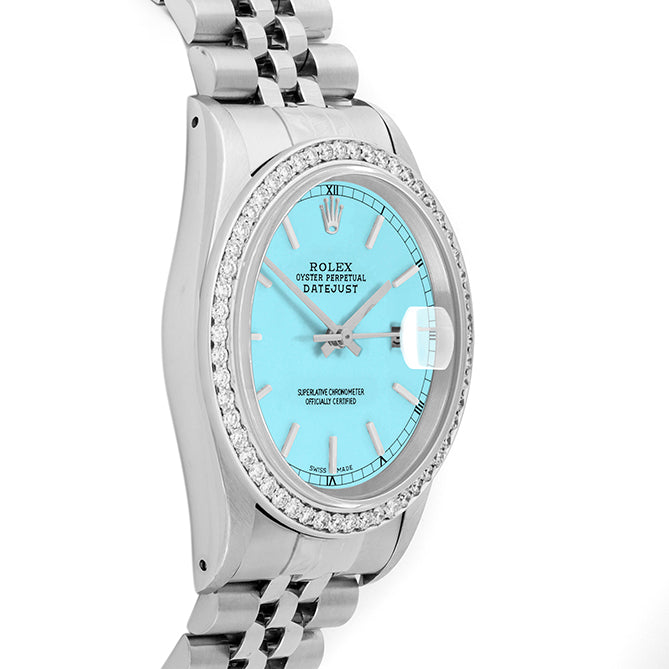 Rolex Datejust 36mm STAINLESS STEEL 16234 Tiffany Blue Dial | Sticks Hour Markers, 1 ct Diamond Bezel