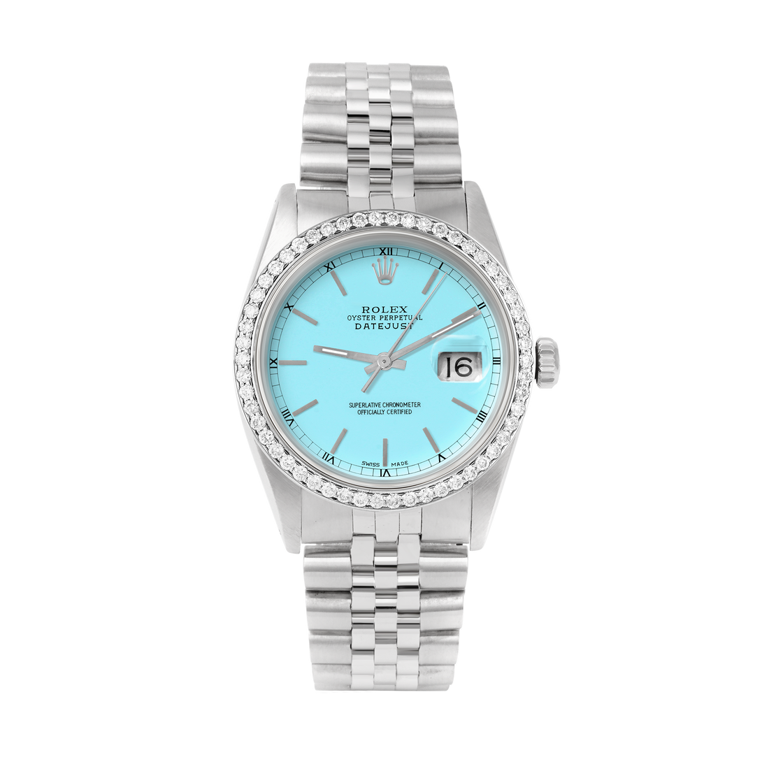 Rolex Datejust 36mm STAINLESS STEEL 16234 Tiffany Blue Dial | Sticks Hour Markers, 1 ct Diamond Bezel