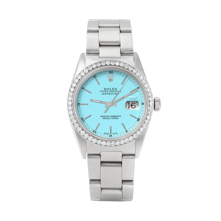 Rolex Datejust 36mm STAINLESS STEEL 16234 Tiffany Blue Dial | Sticks Hour Markers, 1 ct Diamond Bezel